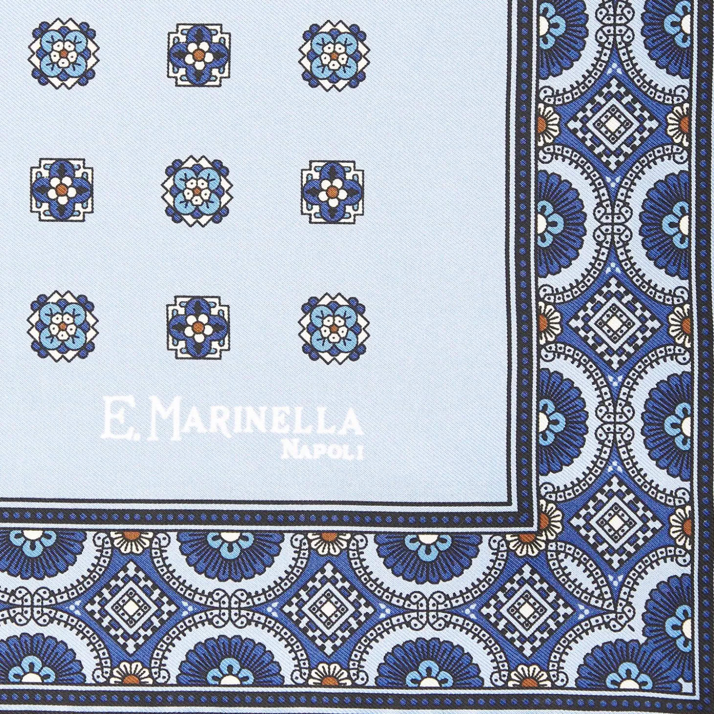 Light Blue Hand-Printed Silk Pocket Square Large Flower Pattern