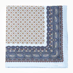 Light Blue Hand-Printed Silk Pocket Square Small Flower Pattern