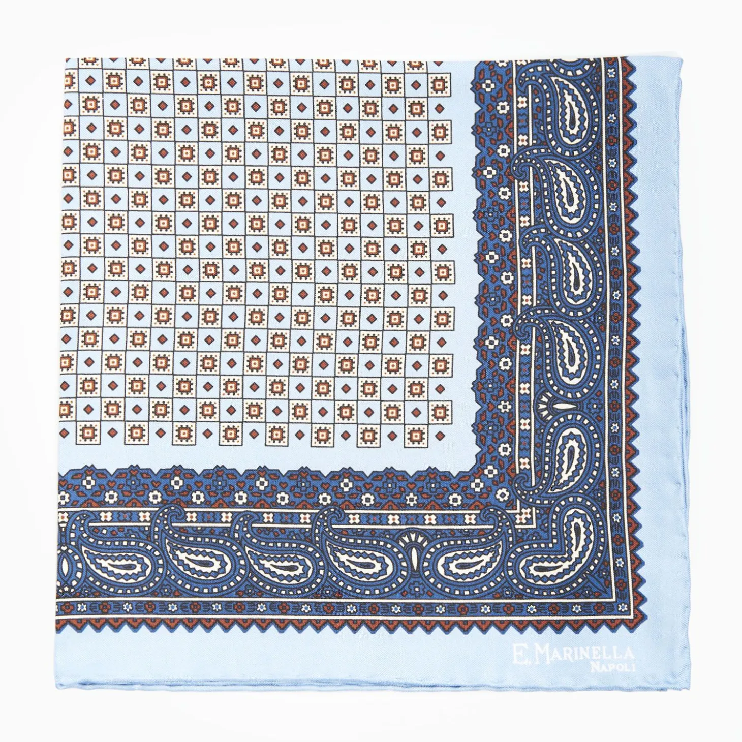 Light Blue Hand-Printed Silk Pocket Square Small Flower Pattern