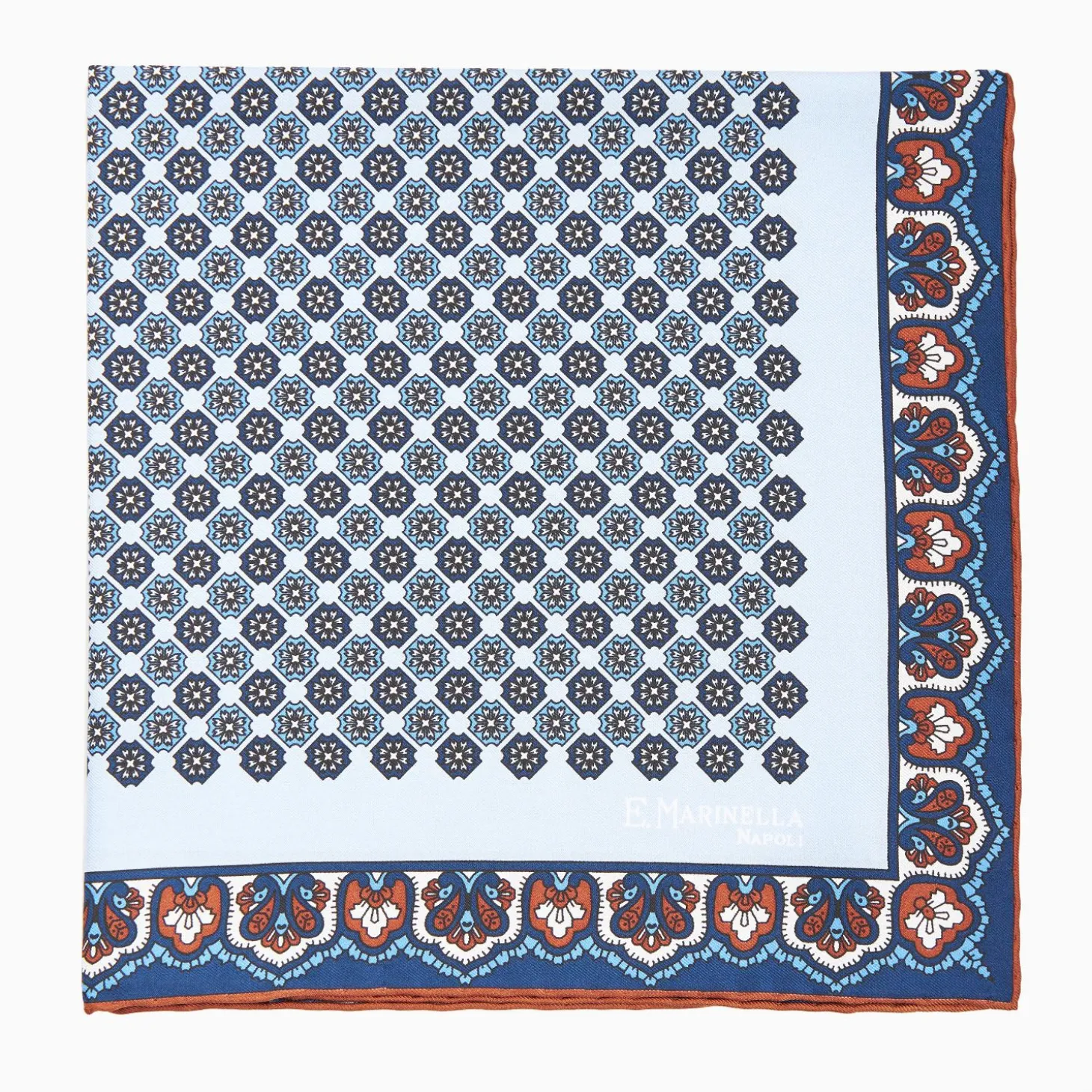 Light Blue Hand-Printed Silk Pocket Square Small Flower Pattern