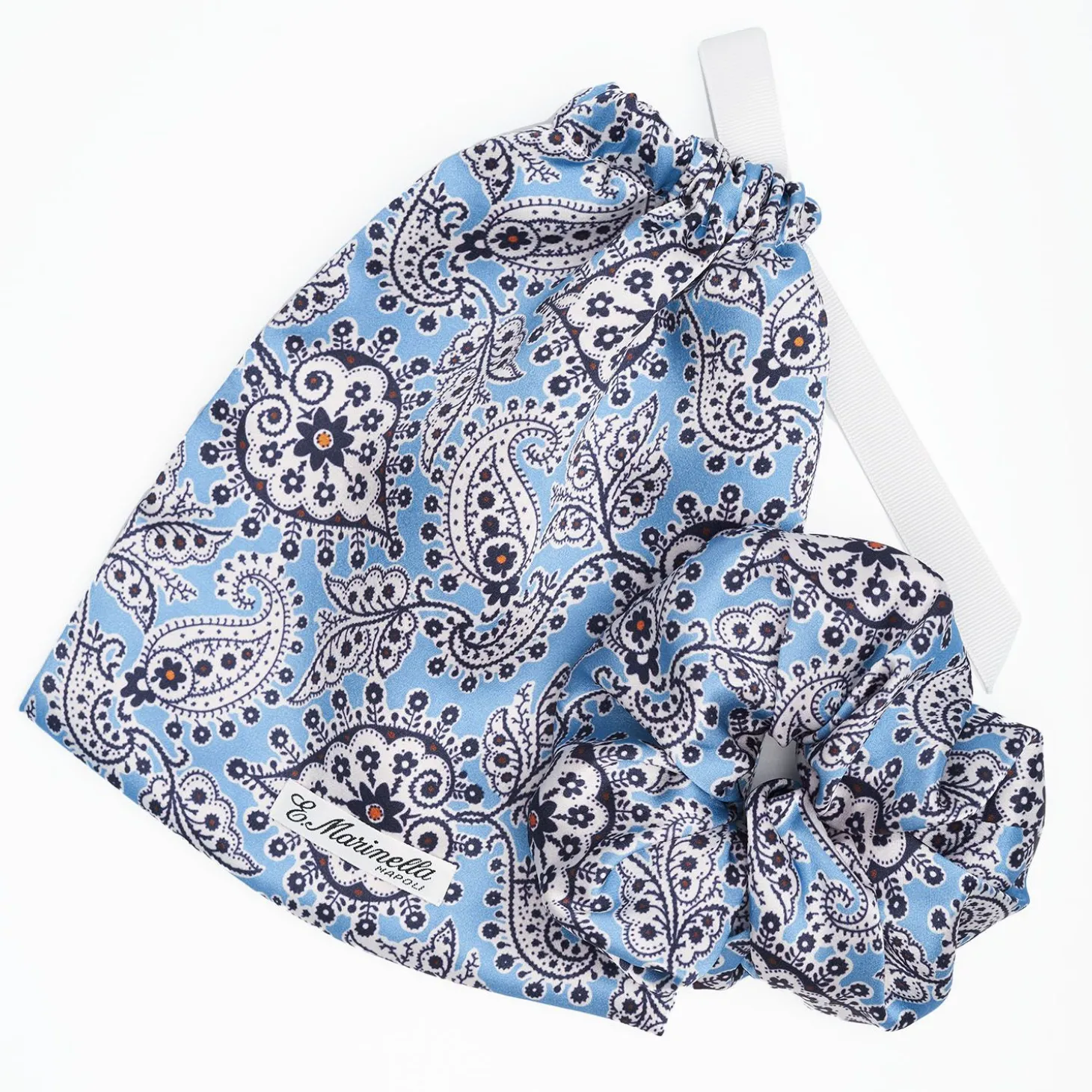 Light Blue Silk Scrunchie With Paisley Patterns