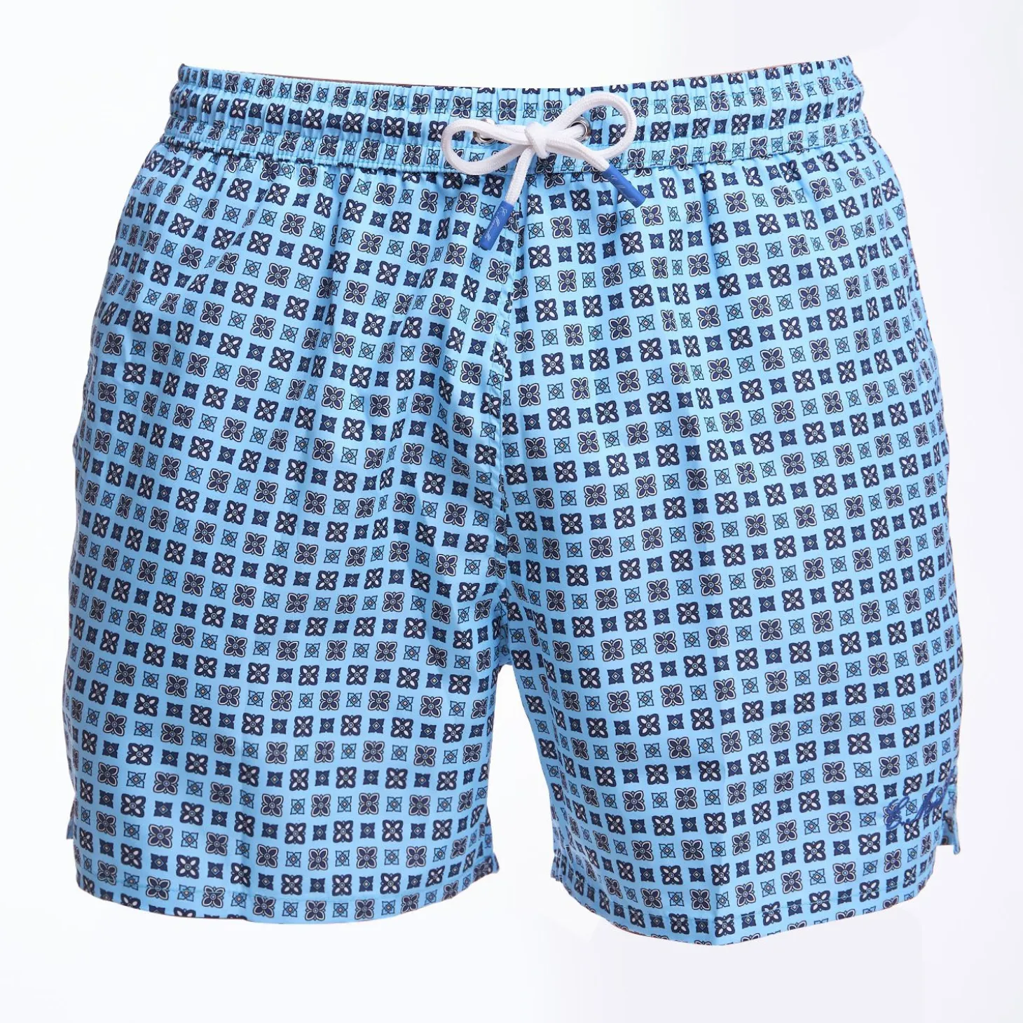 Light Blue Swim Short - Large Flower Pattern