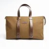 Light Brown Canvas Weekend Bag With Leather Trim