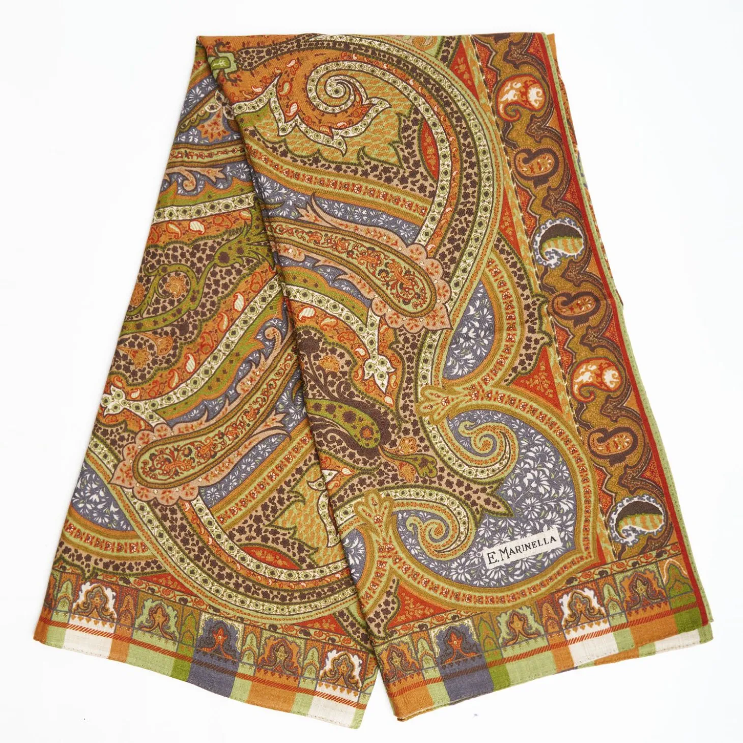 Light Green And Brown Wool Stole - Damask Pattern