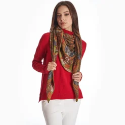 Light Green And Brown Wool Stole - Damask Pattern