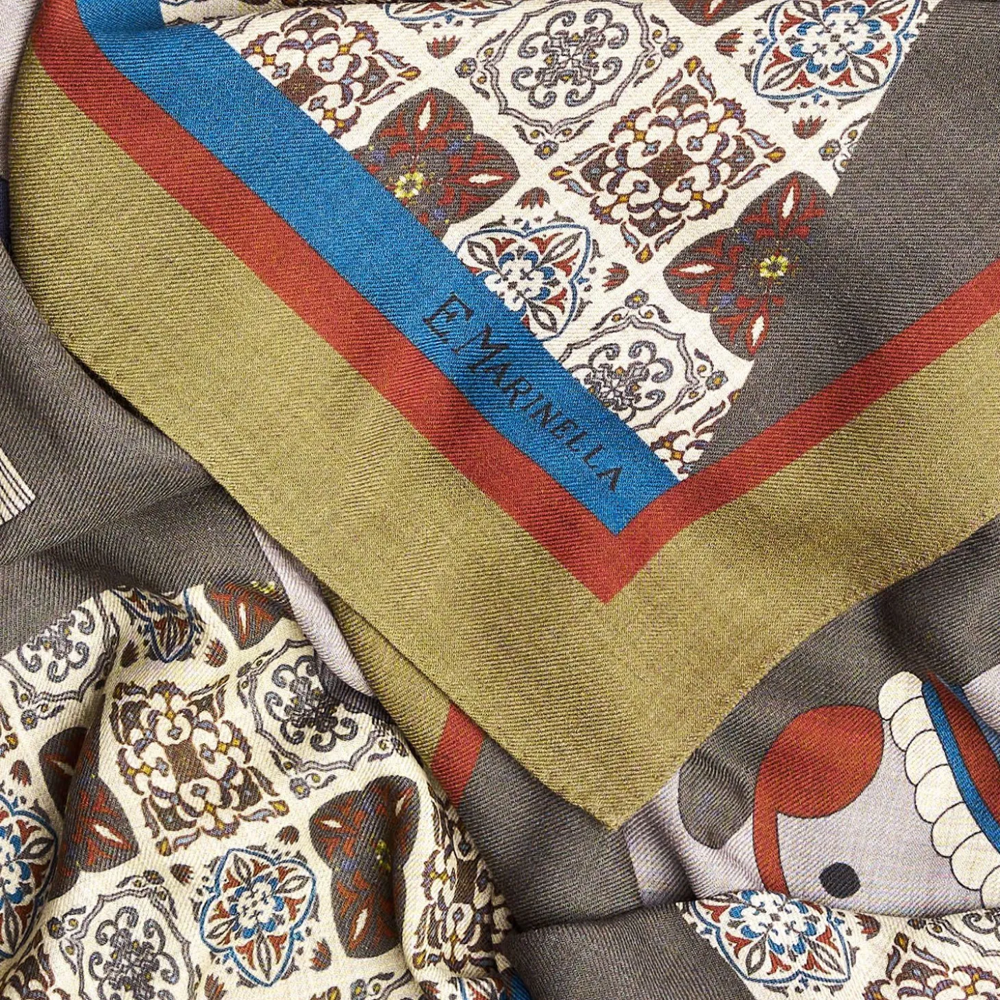 Light Green And Gray Wide Wool Scarf - Ethnic Pattern