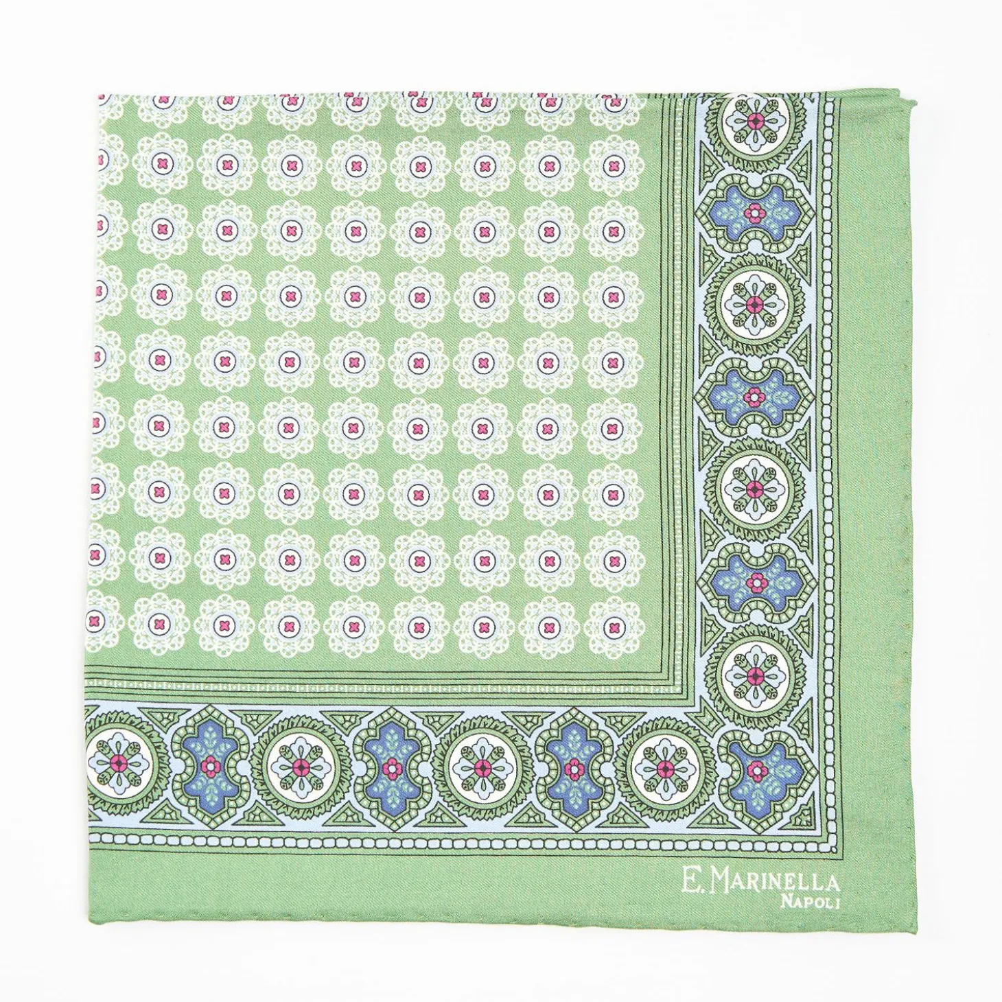 Light Green Hand-Printed Silk Pocket Square Large Flower Pattern