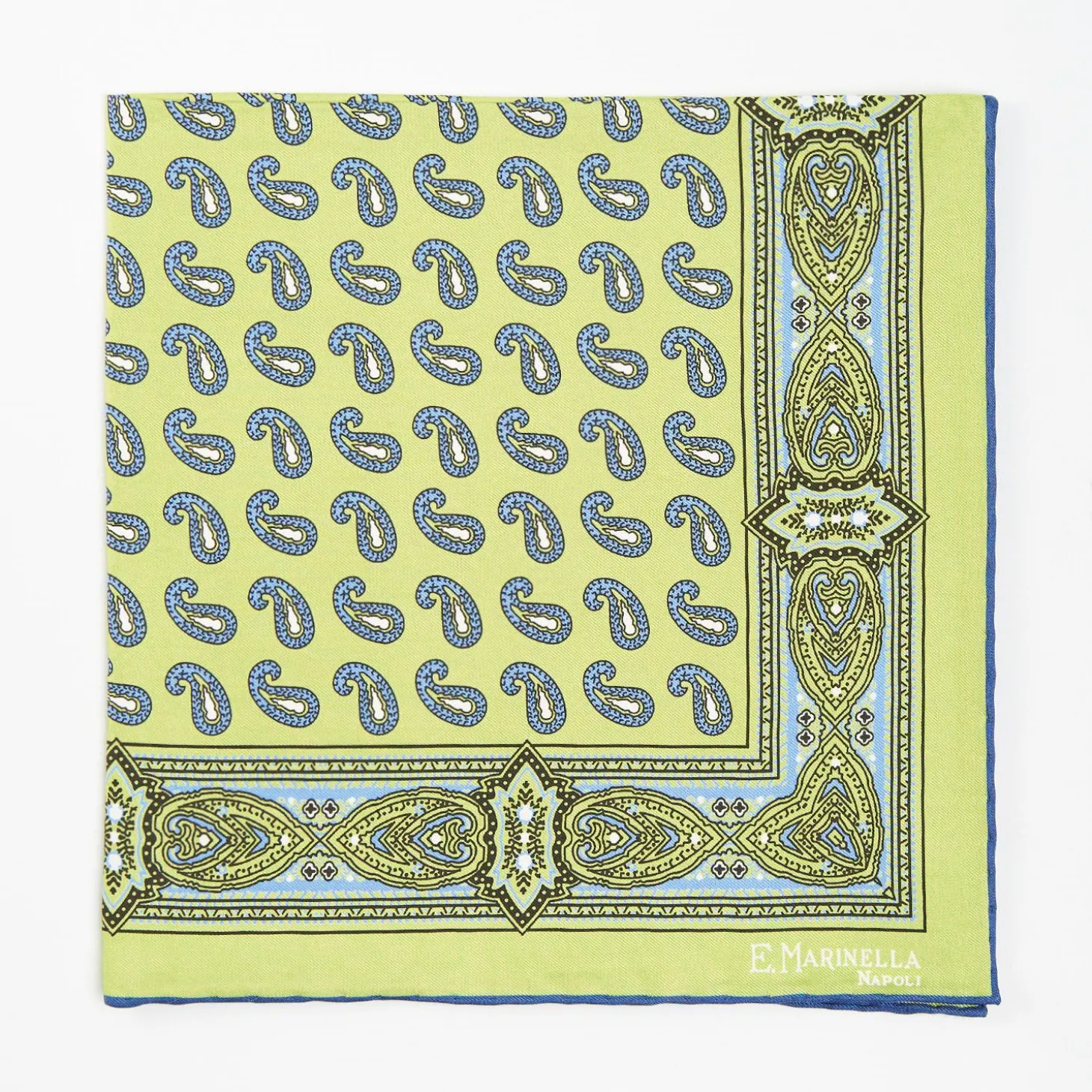 Light Green Hand-Printed Silk Pocket Square - Paisley Pattern