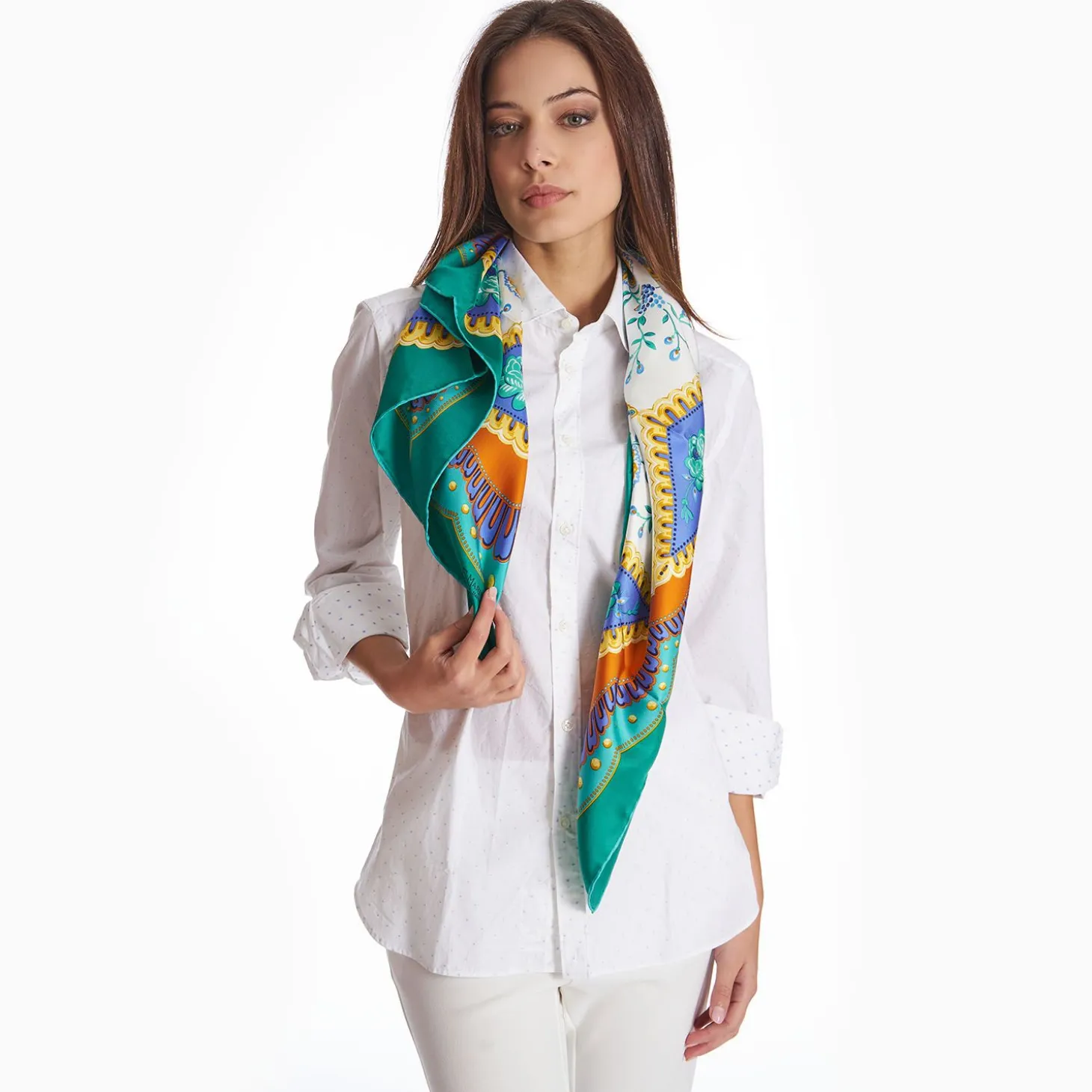 Light Green Silk Scarf 90 - Floral Pattern