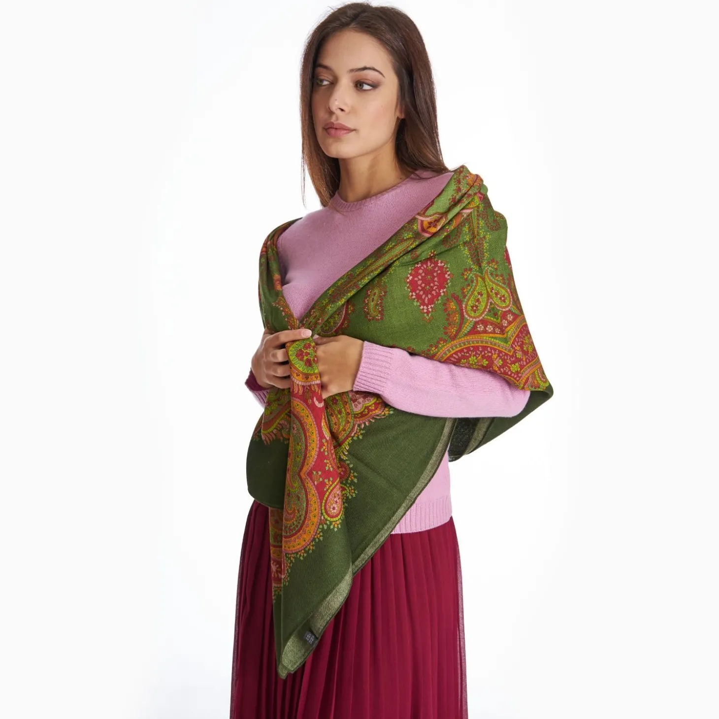 Light Green Wool Stole With Floral And Paisley Patterns