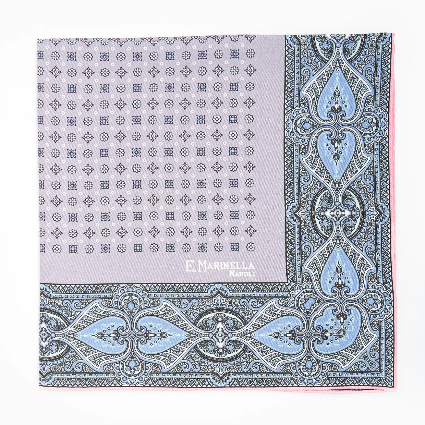 Light Grey Hand-Printed Silk Pocket Square - Small Flower Pattern