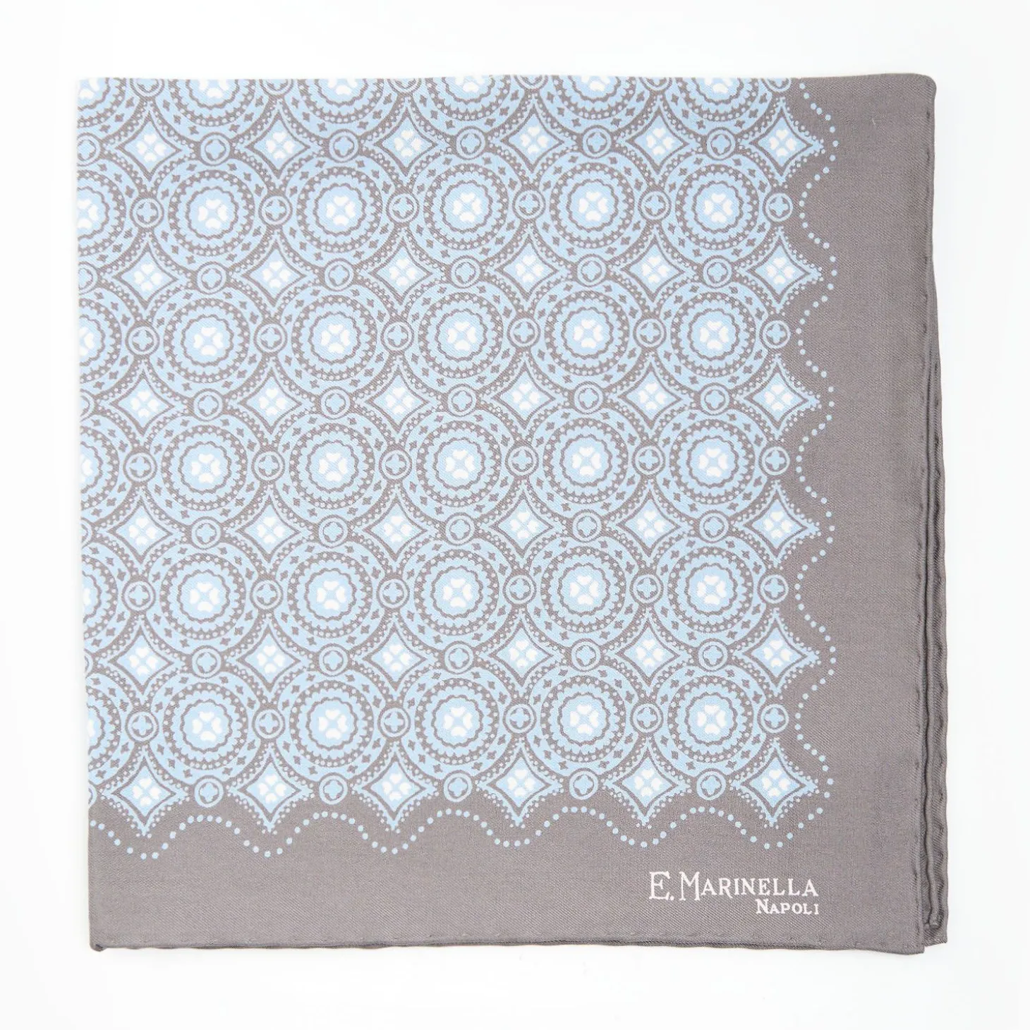 Light Grey Hand-Printed Silk Pocket Square Large Flower Pattern