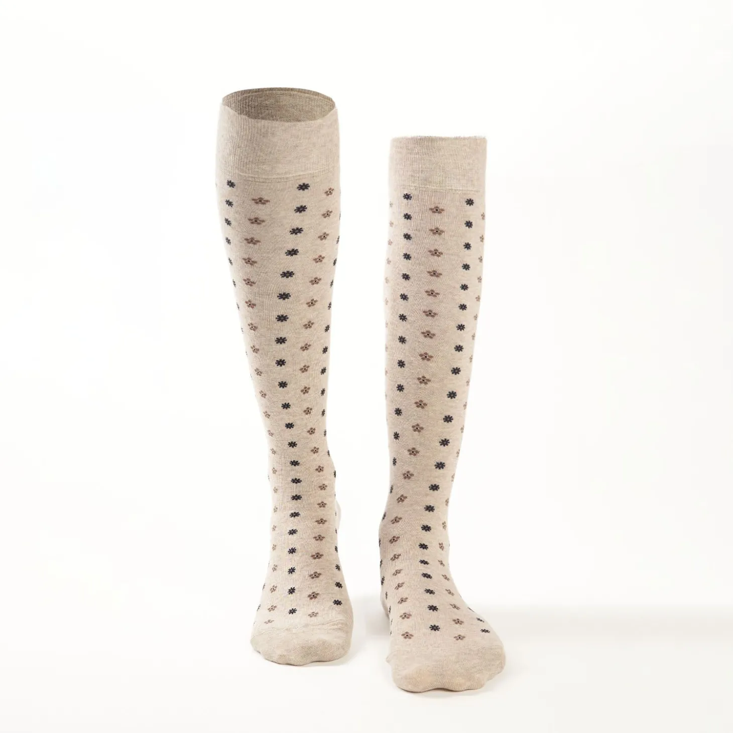 Long Beige Cotton Socks - Small Flower Pattern