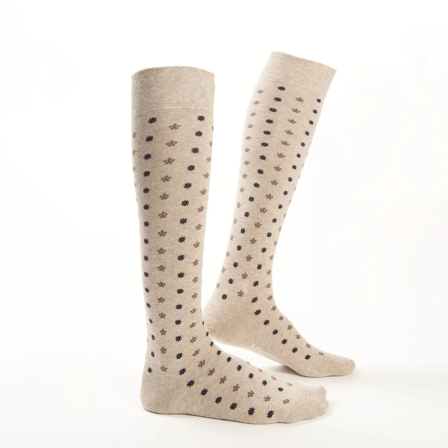 Long Beige Cotton Socks - Small Flower Pattern