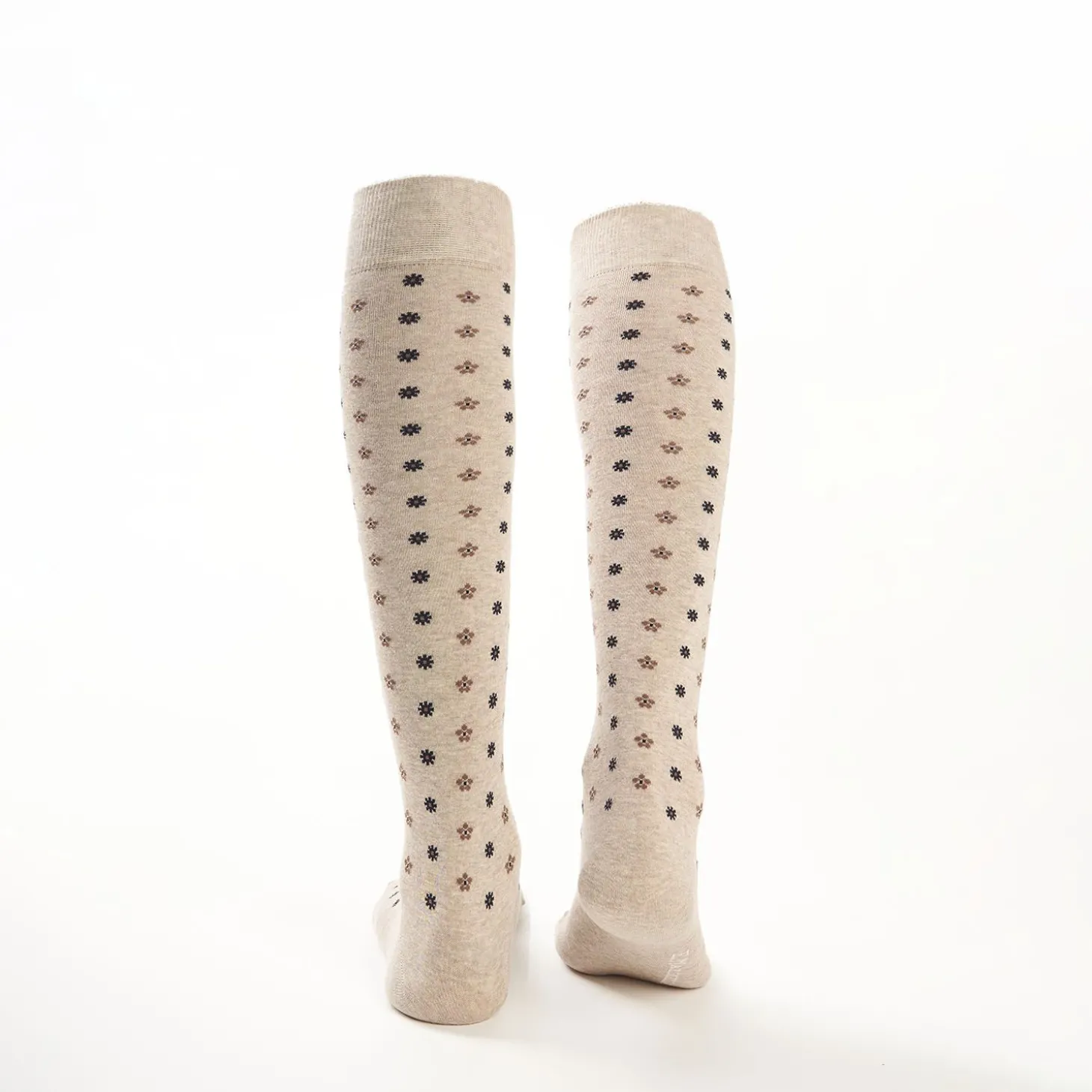 Long Beige Cotton Socks - Small Flower Pattern