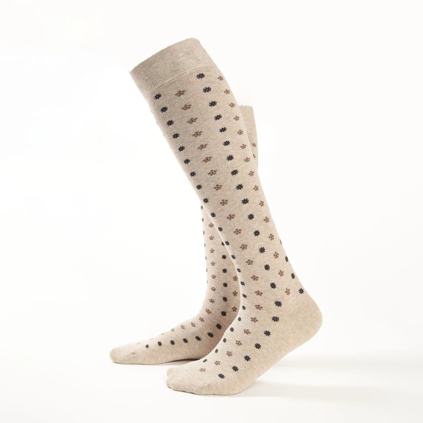 Long Beige Cotton Socks - Small Flower Pattern