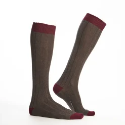 Long Bicolor Brown And Burgundy Cotton Socks - Solid Color