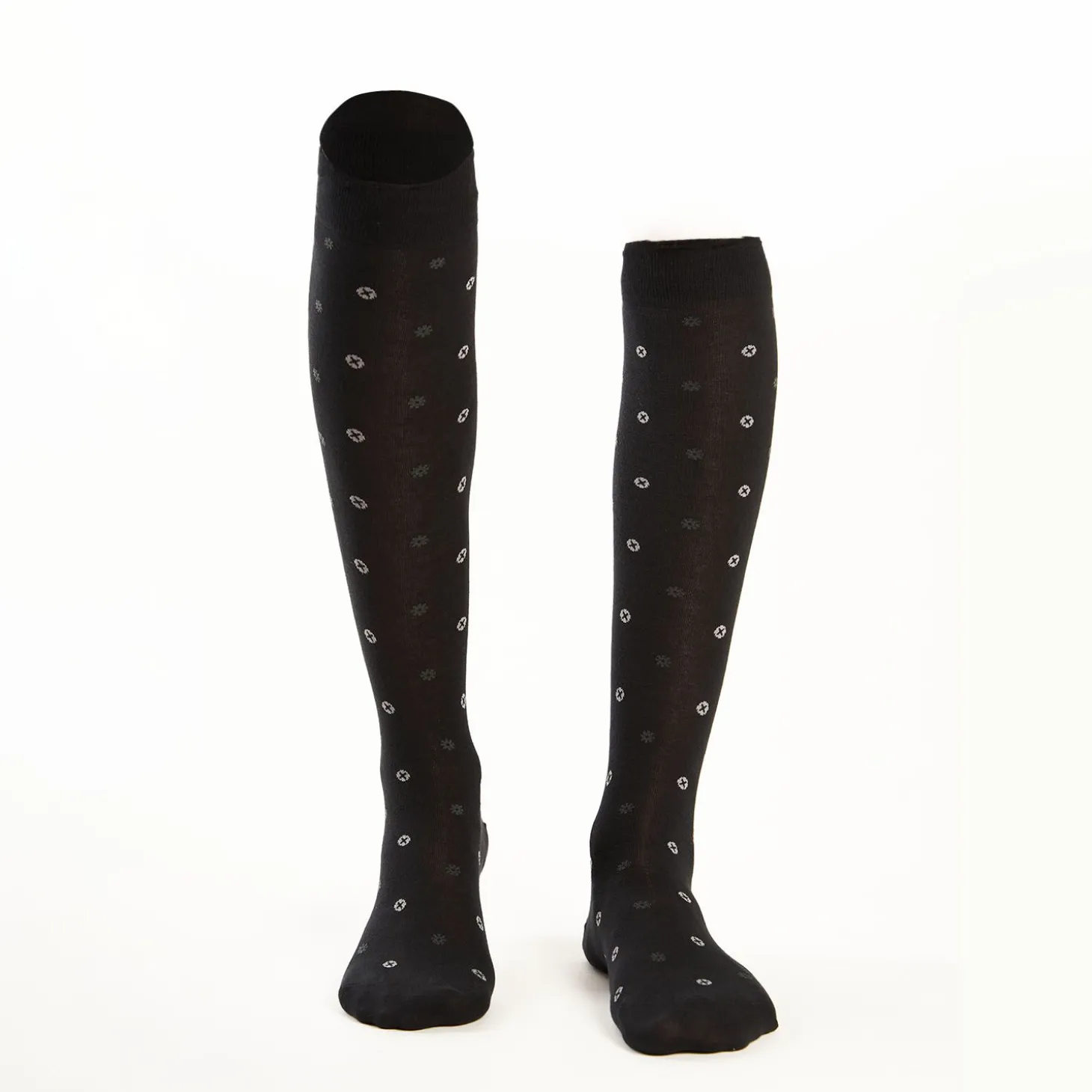 Long Black Cotton Socks - Small Flower Pattern