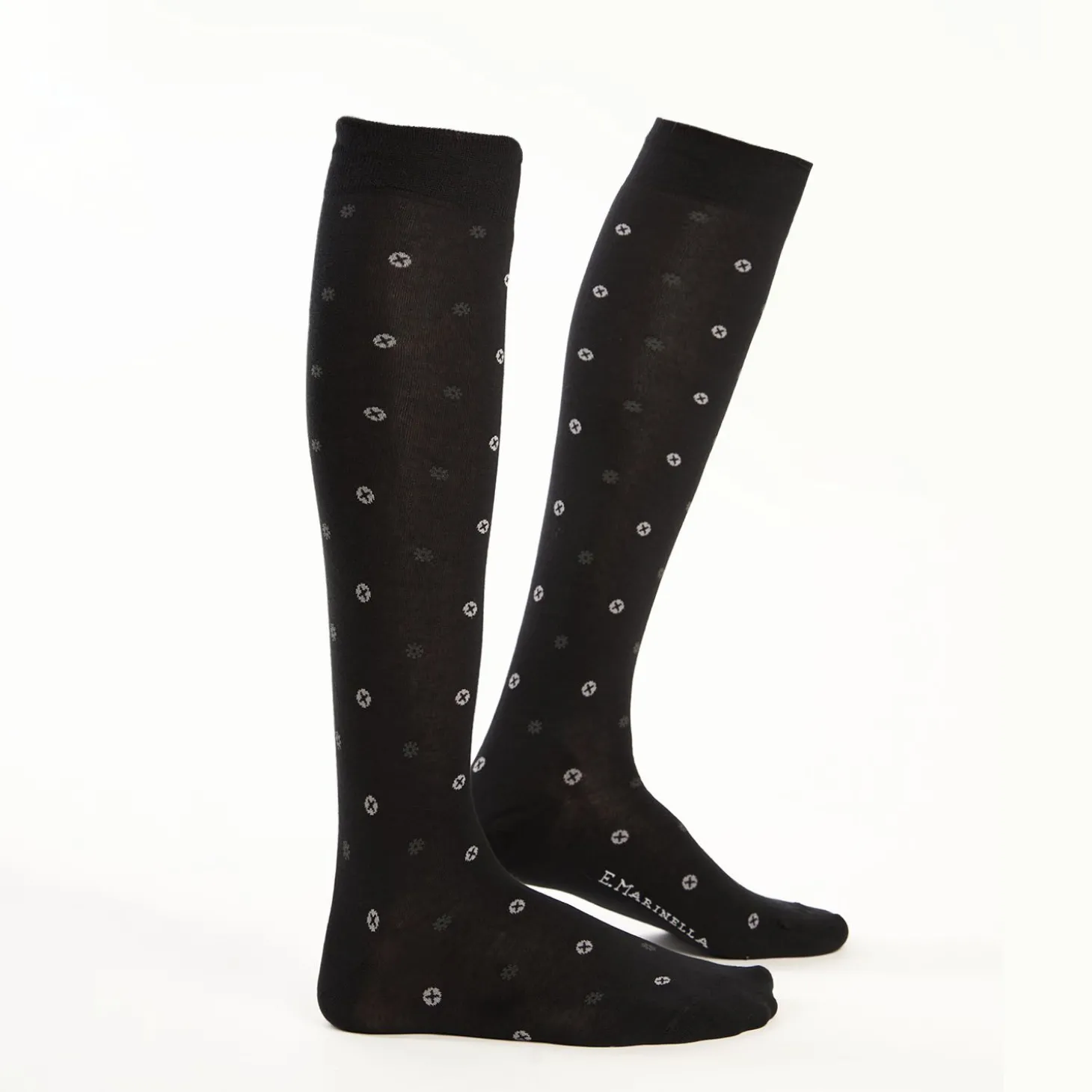 Long Black Cotton Socks - Small Flower Pattern