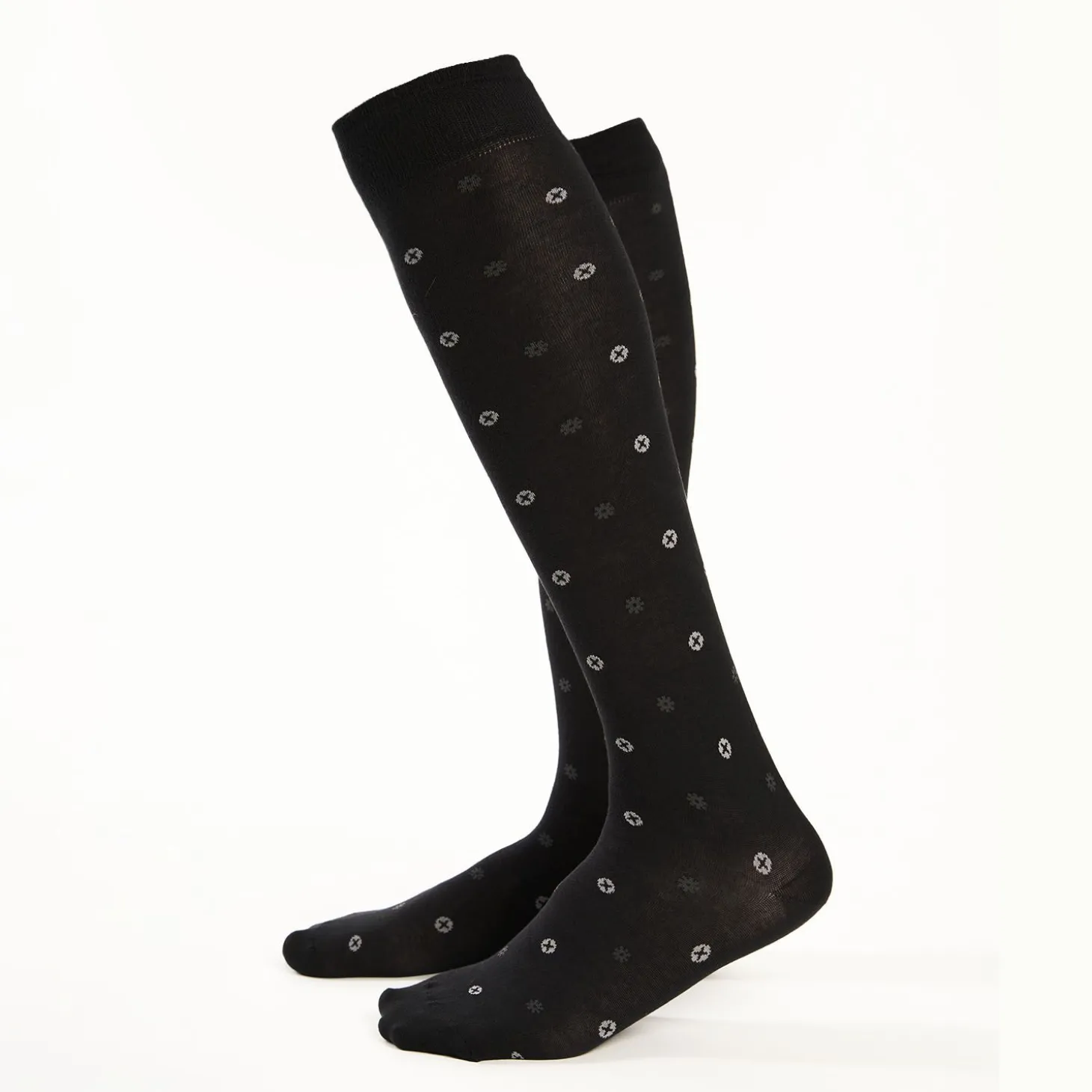 Long Black Cotton Socks - Small Flower Pattern