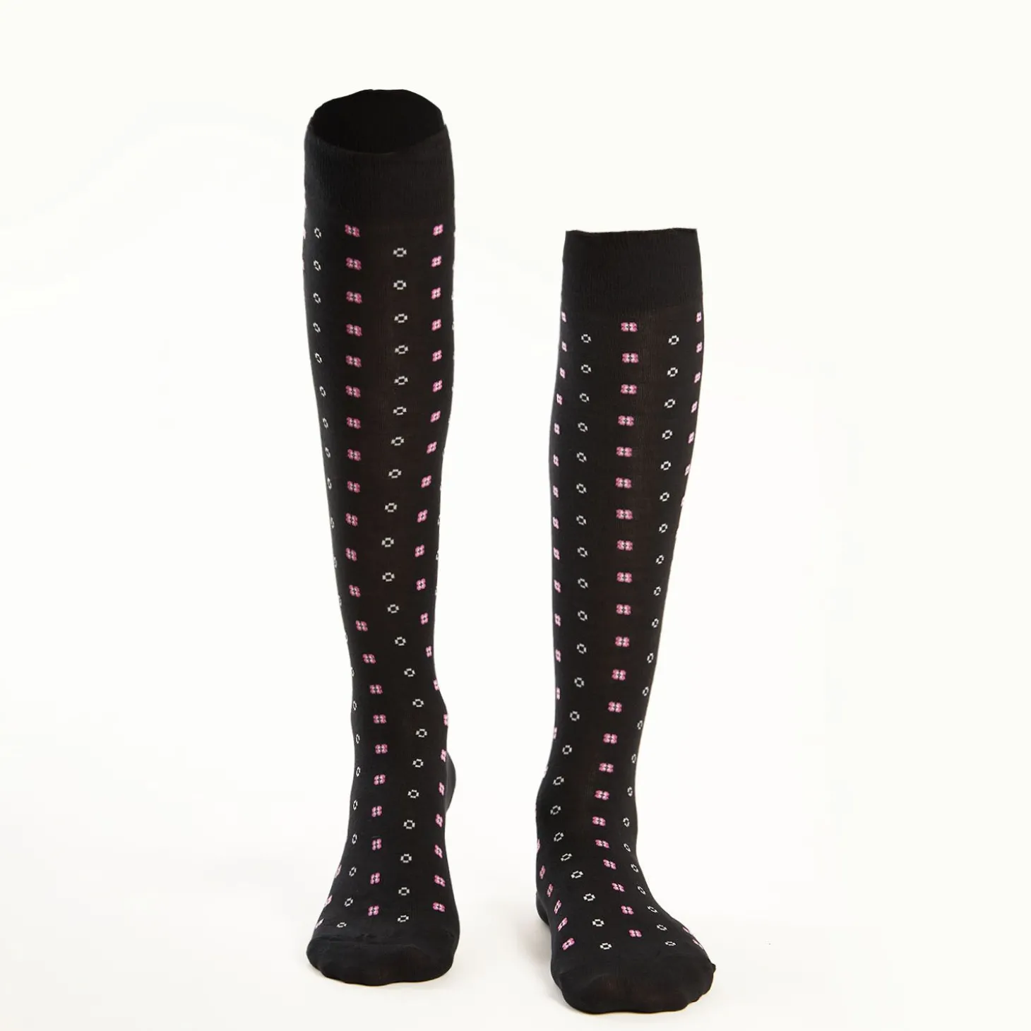 Long Black Cotton Socks - Small Flower Pattern