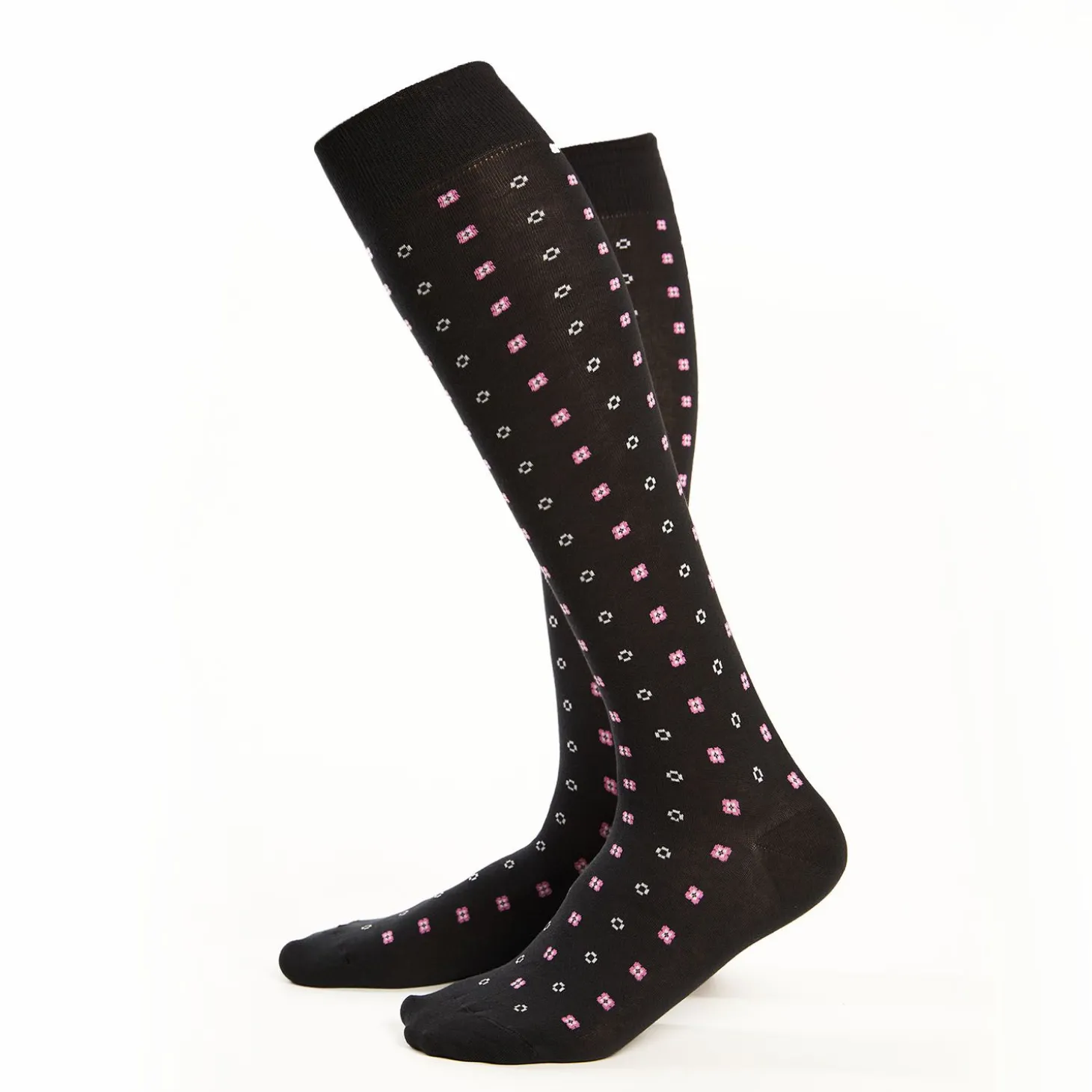 Long Black Cotton Socks - Small Flower Pattern