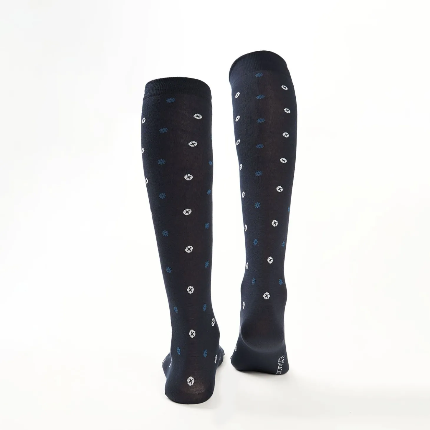 Long Blue Cotton Socks - Small Flower Pattern
