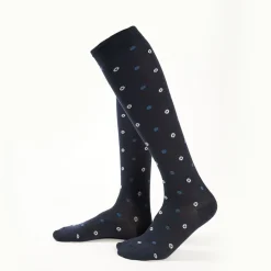 Long Blue Cotton Socks - Small Flower Pattern