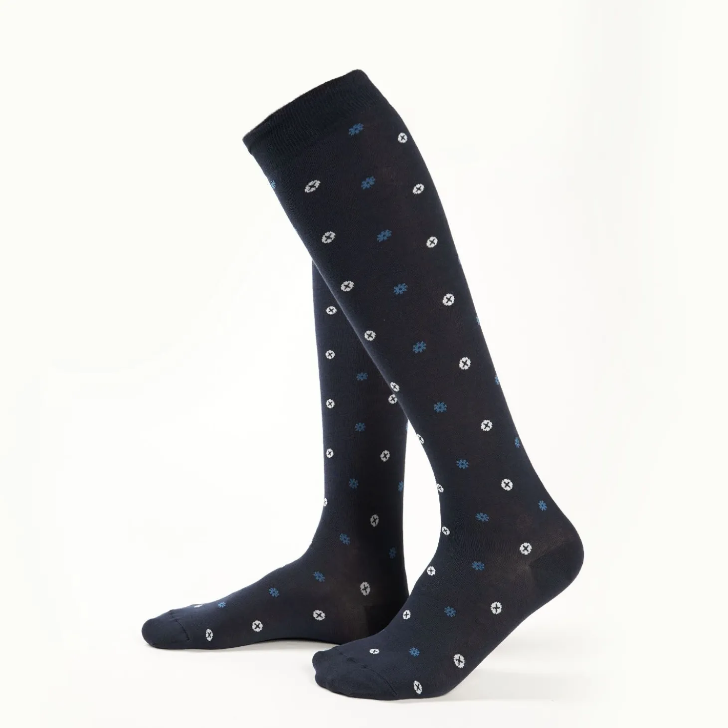 Long Blue Cotton Socks - Small Flower Pattern