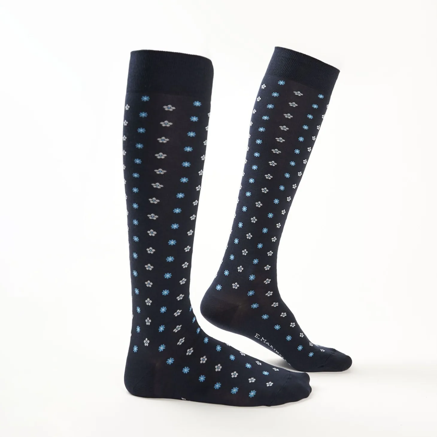 Long Blue Cotton Socks - Small Flower Pattern
