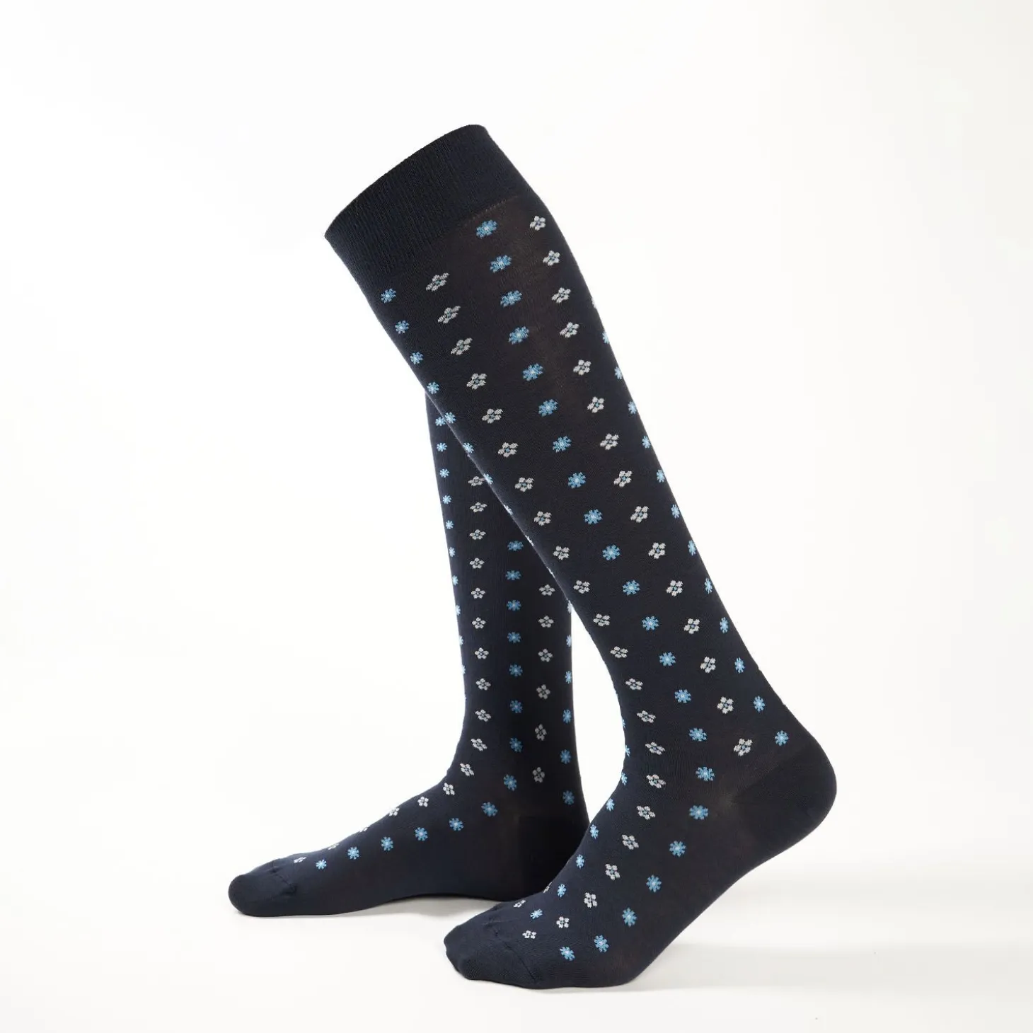 Long Blue Cotton Socks - Small Flower Pattern