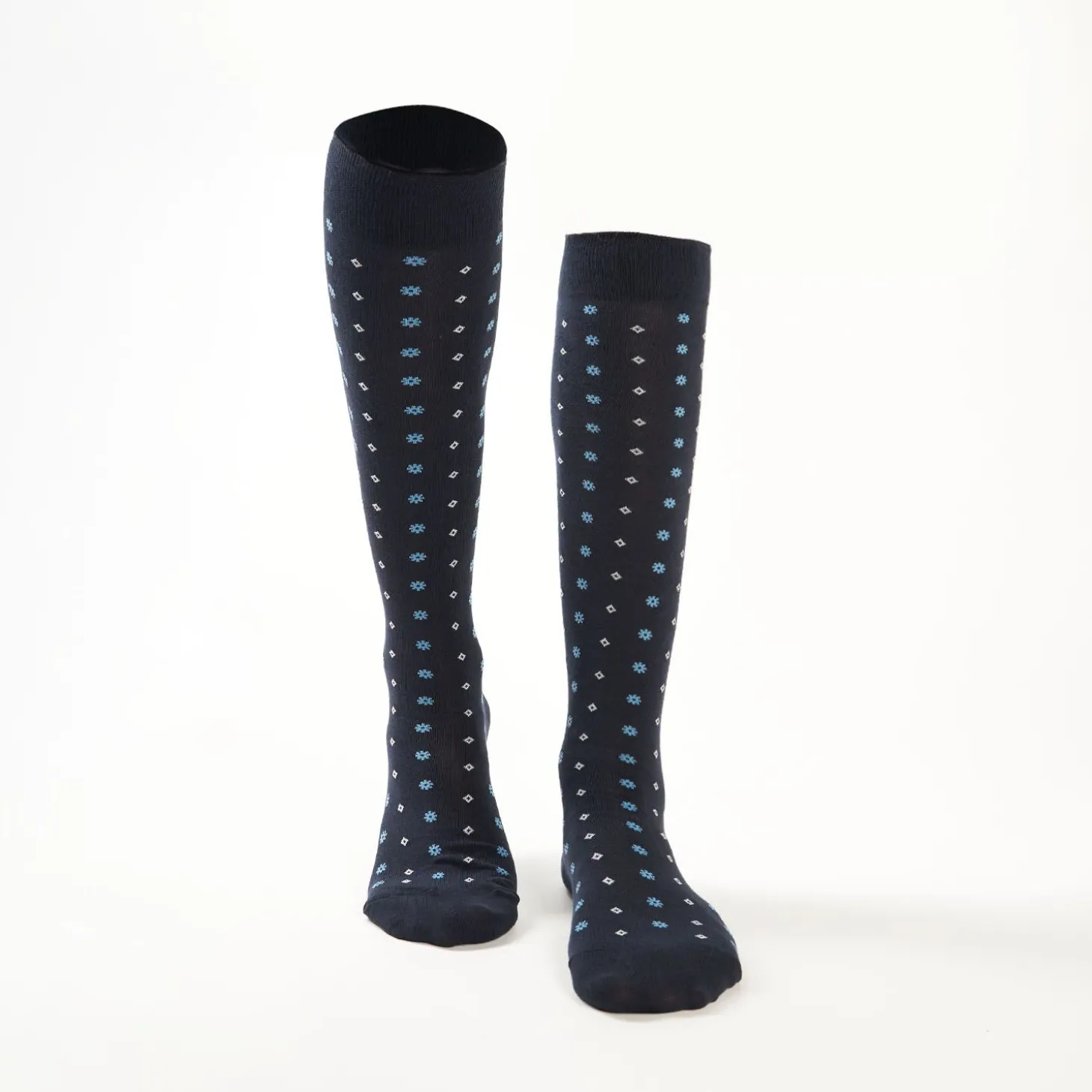 Long Blue Cotton Socks - Small Flower Pattern