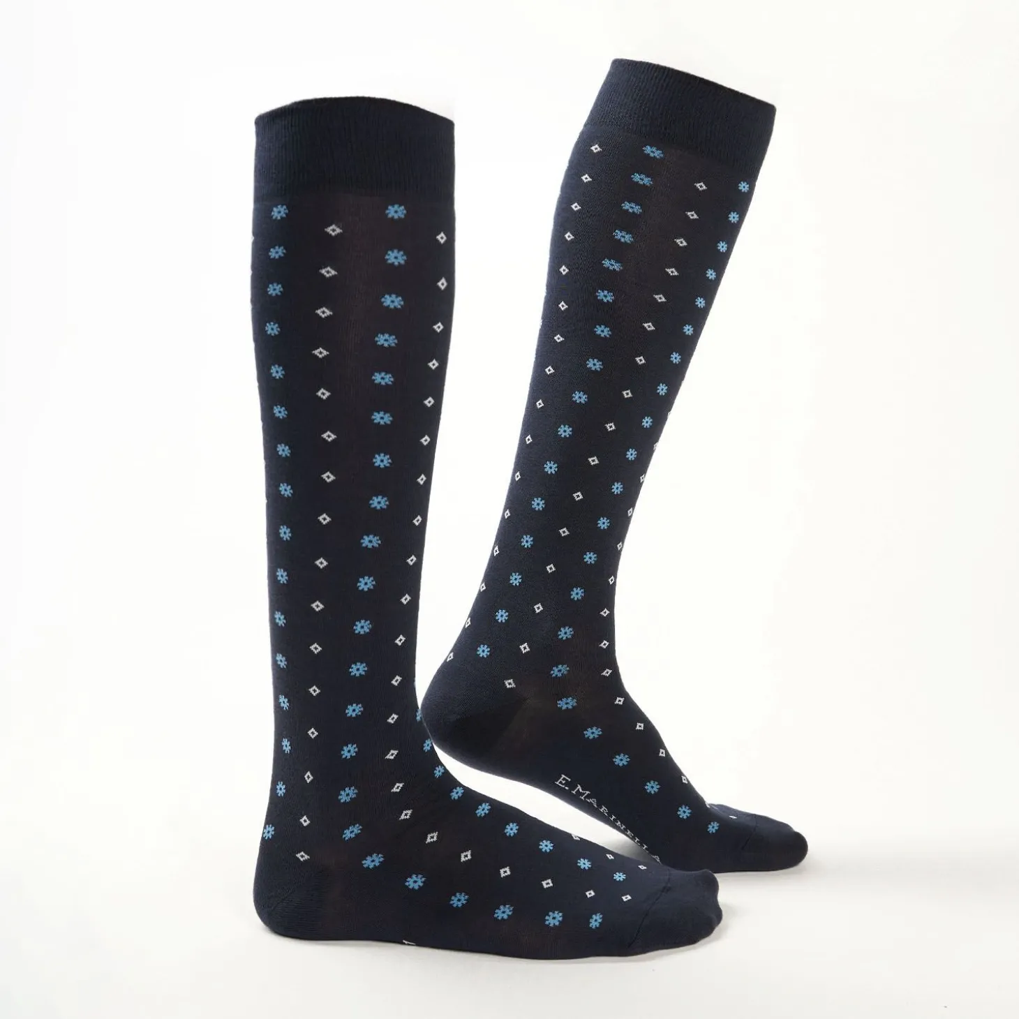 Long Blue Cotton Socks - Small Flower Pattern