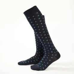 Long Blue Cotton Socks - Small Flower Pattern