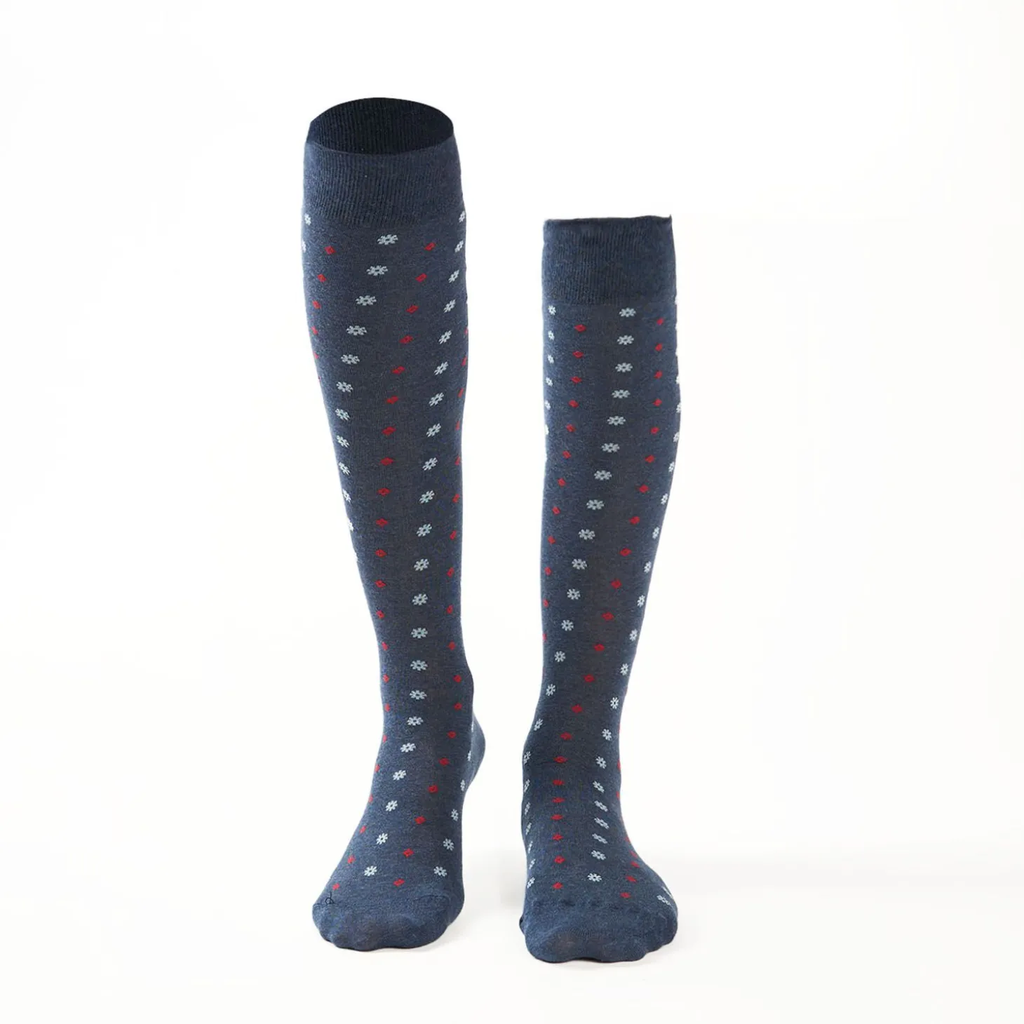 Long Blue Cotton Socks - Small Flower Pattern