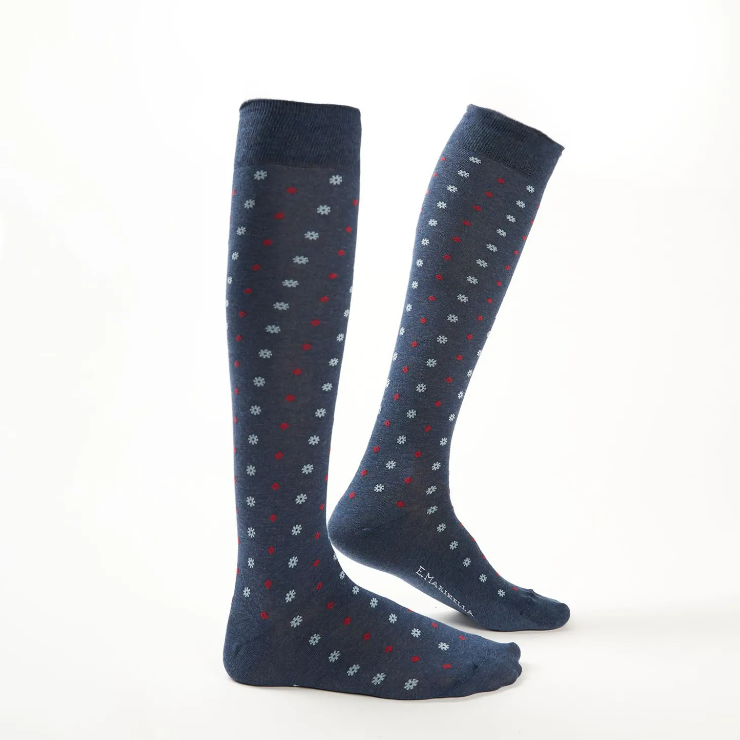 Long Blue Cotton Socks - Small Flower Pattern
