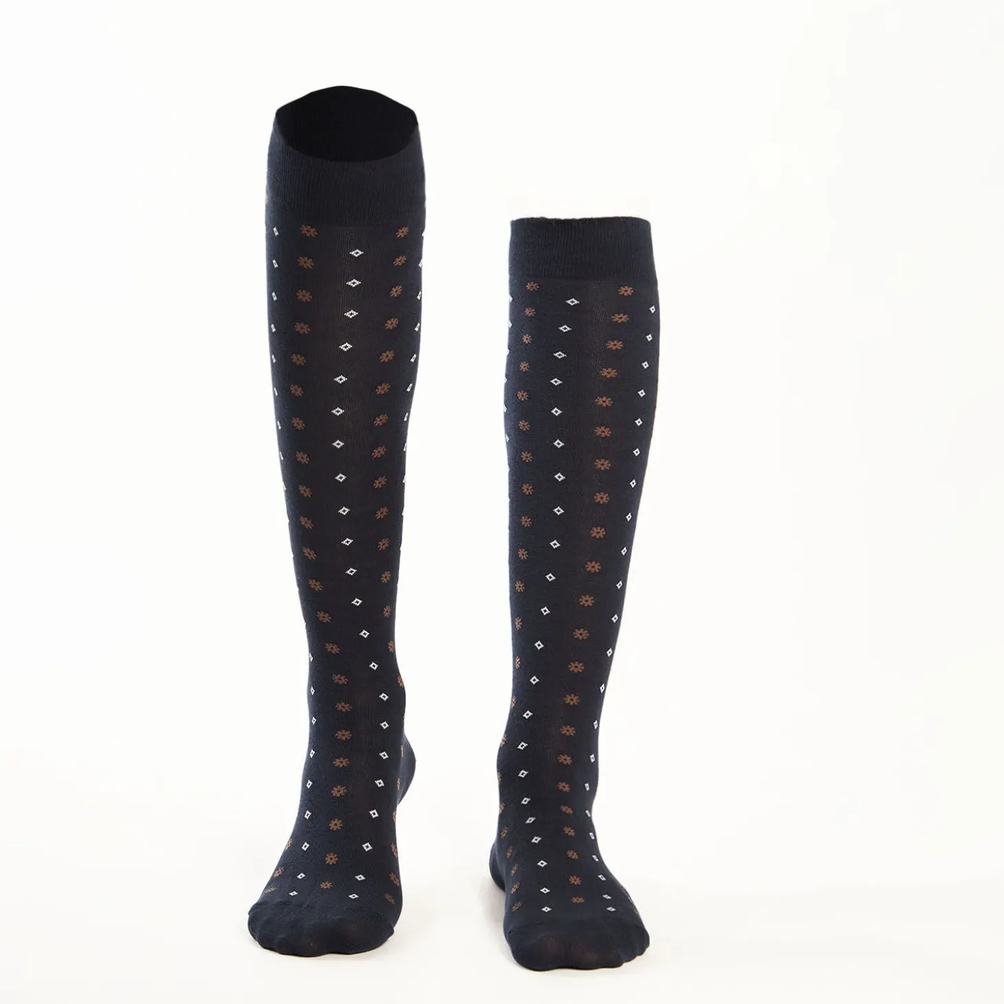 Long Blue Cotton Socks - Small Flower Pattern