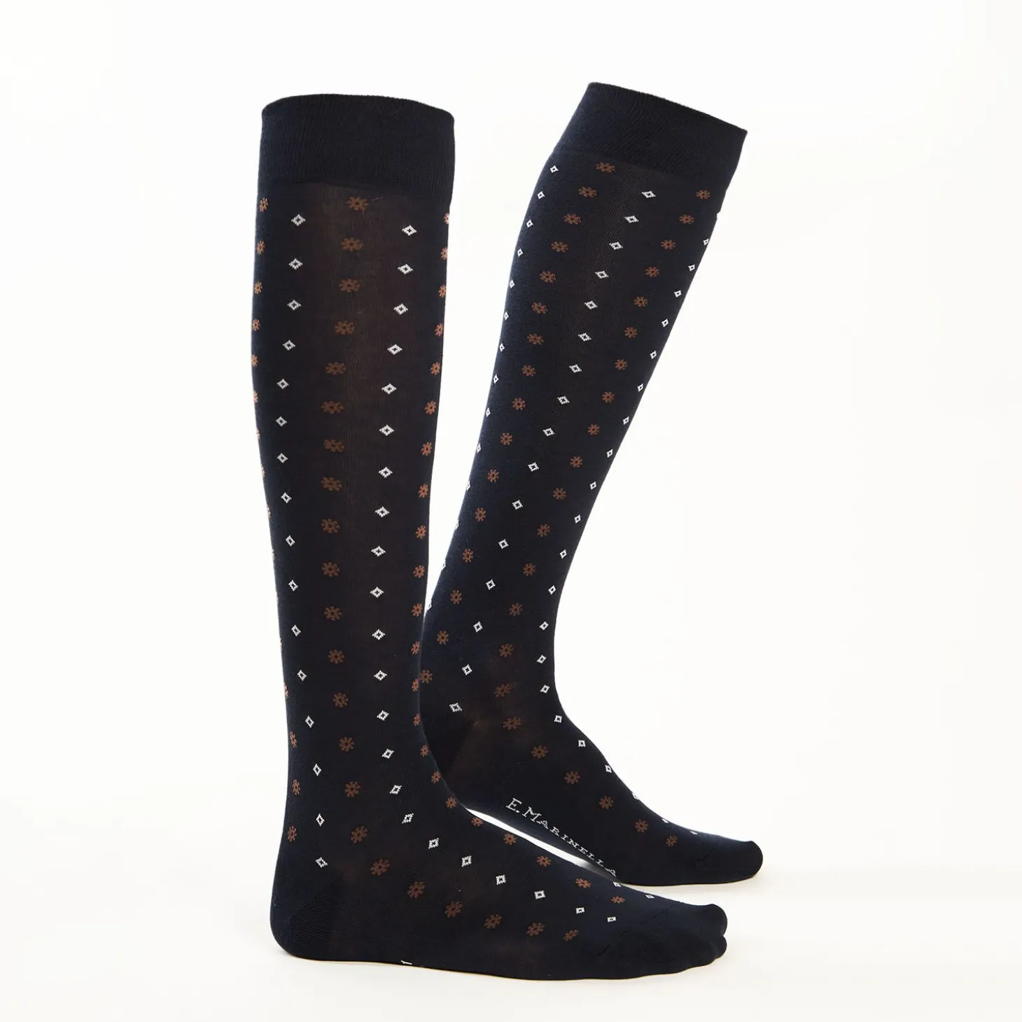 Long Blue Cotton Socks - Small Flower Pattern