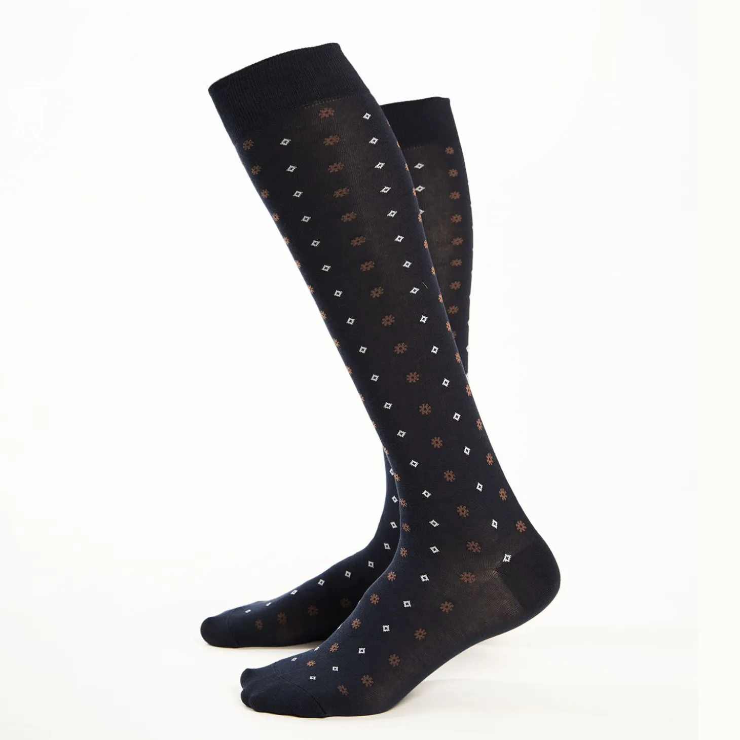Long Blue Cotton Socks - Small Flower Pattern