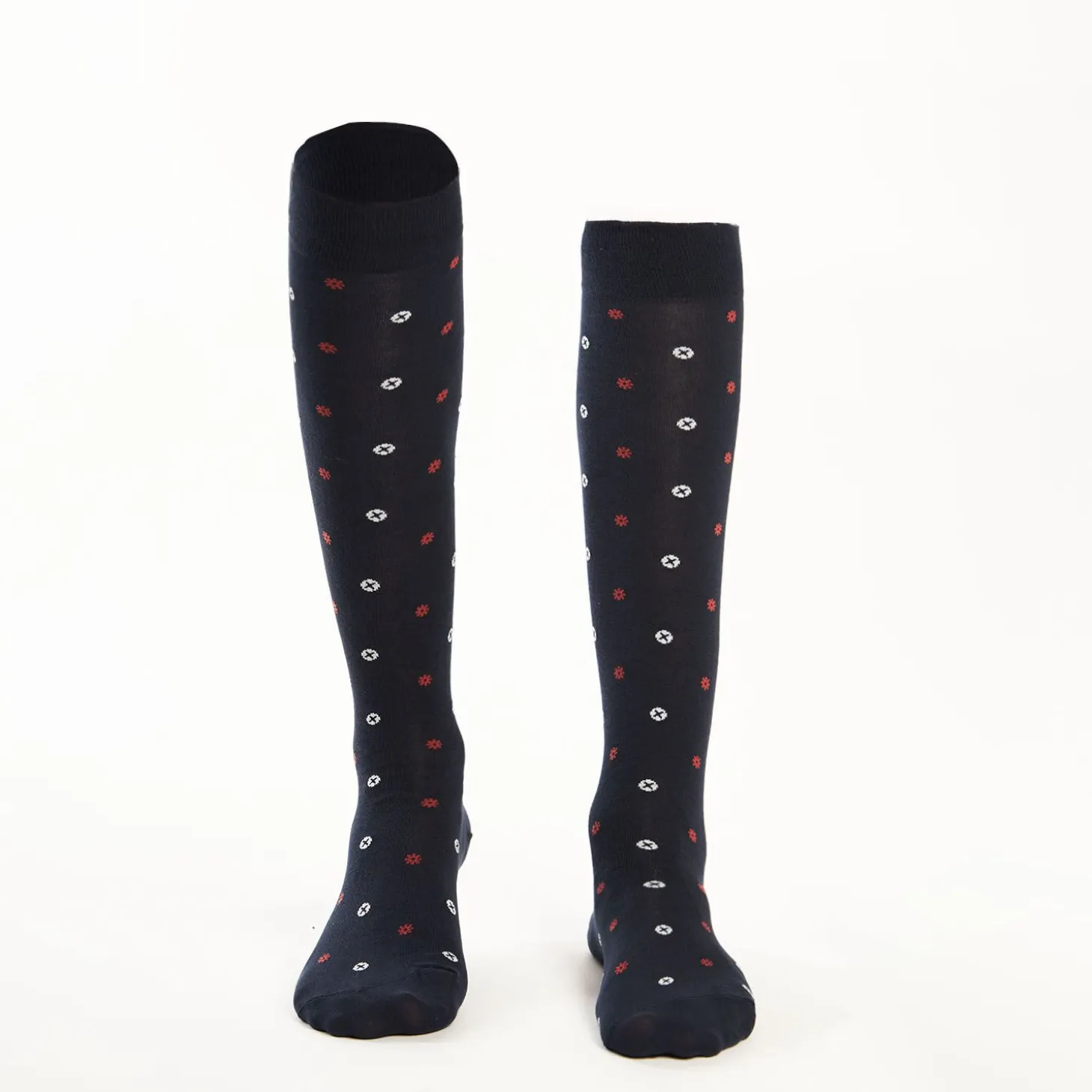 Long Blue Cotton Socks - Small Flower Pattern