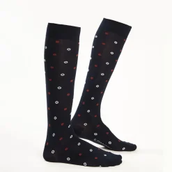 Long Blue Cotton Socks - Small Flower Pattern