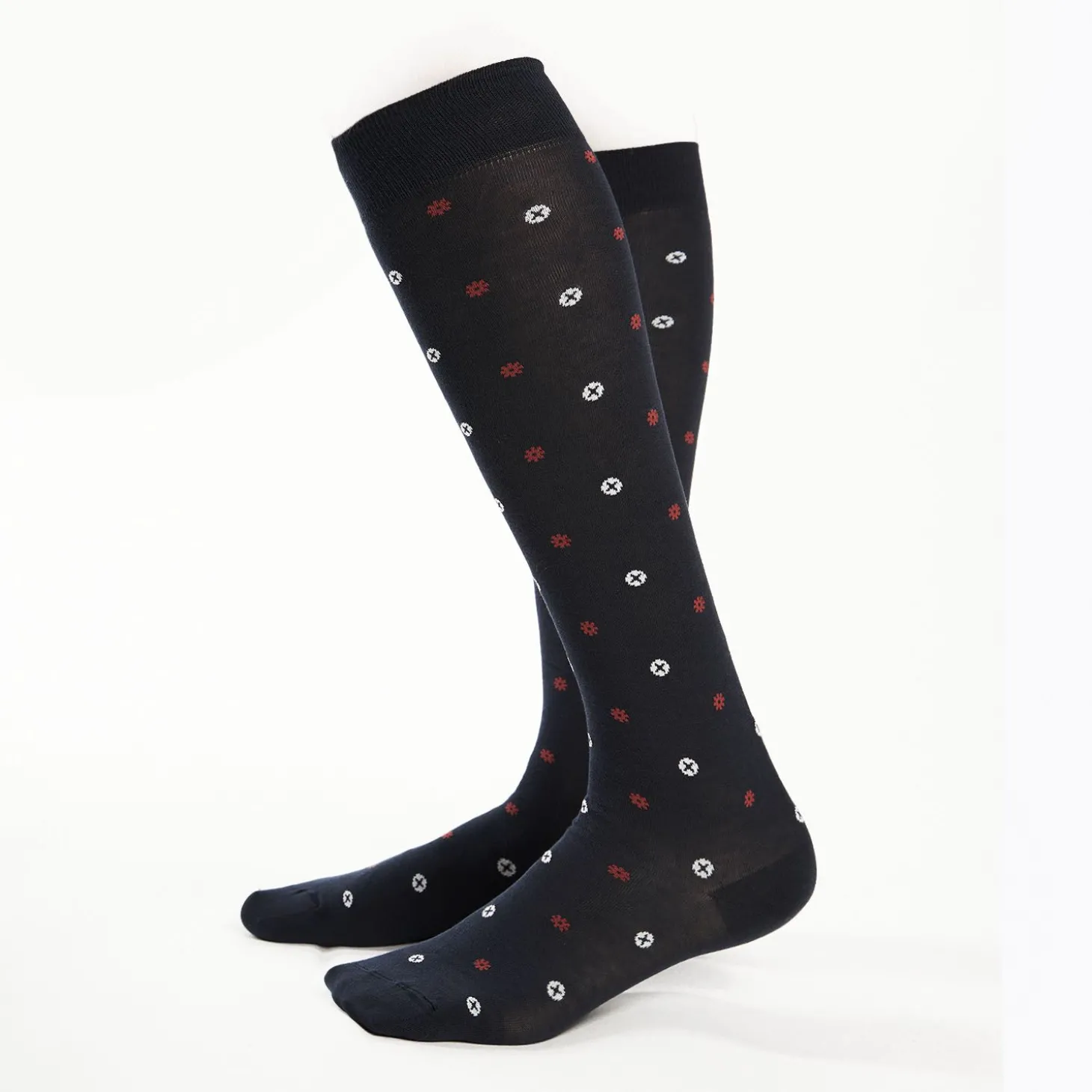 Long Blue Cotton Socks - Small Flower Pattern