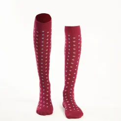 Long Burgundy Cotton Socks - Small Flower Pattern