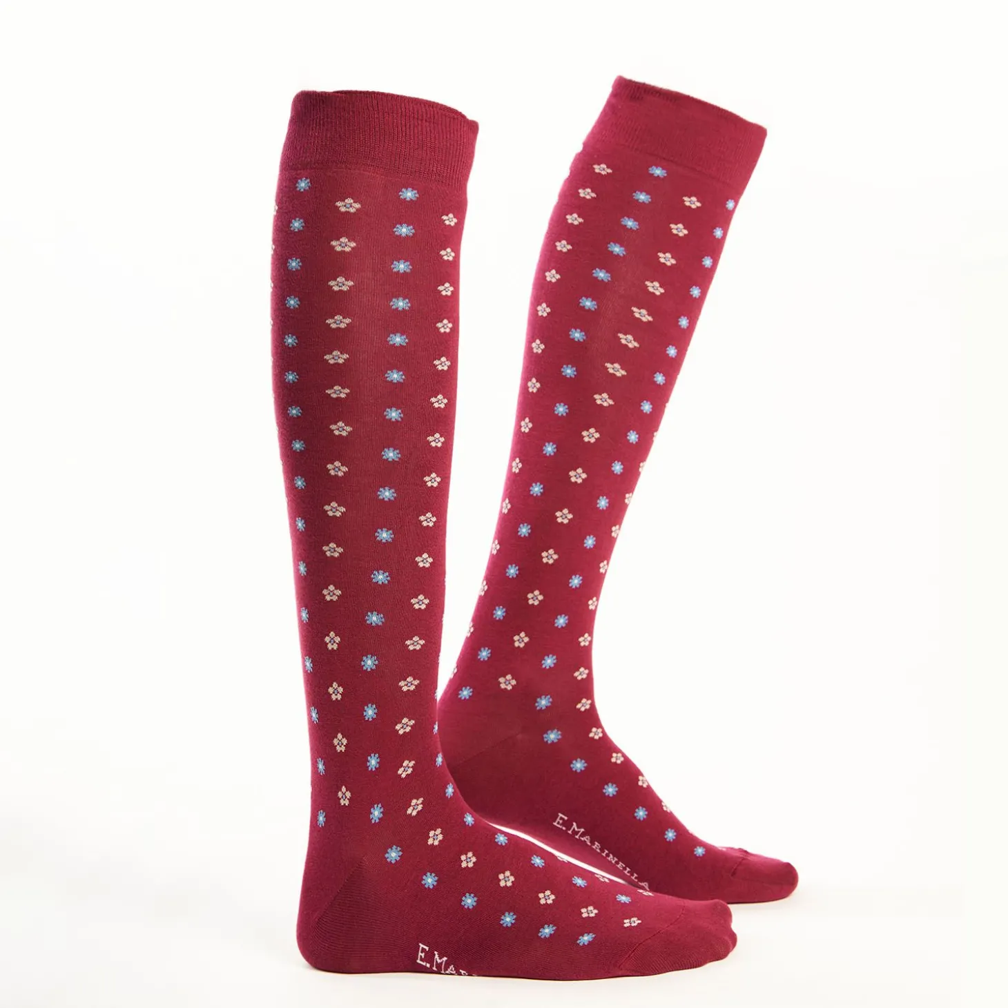 Long Burgundy Cotton Socks - Small Flower Pattern