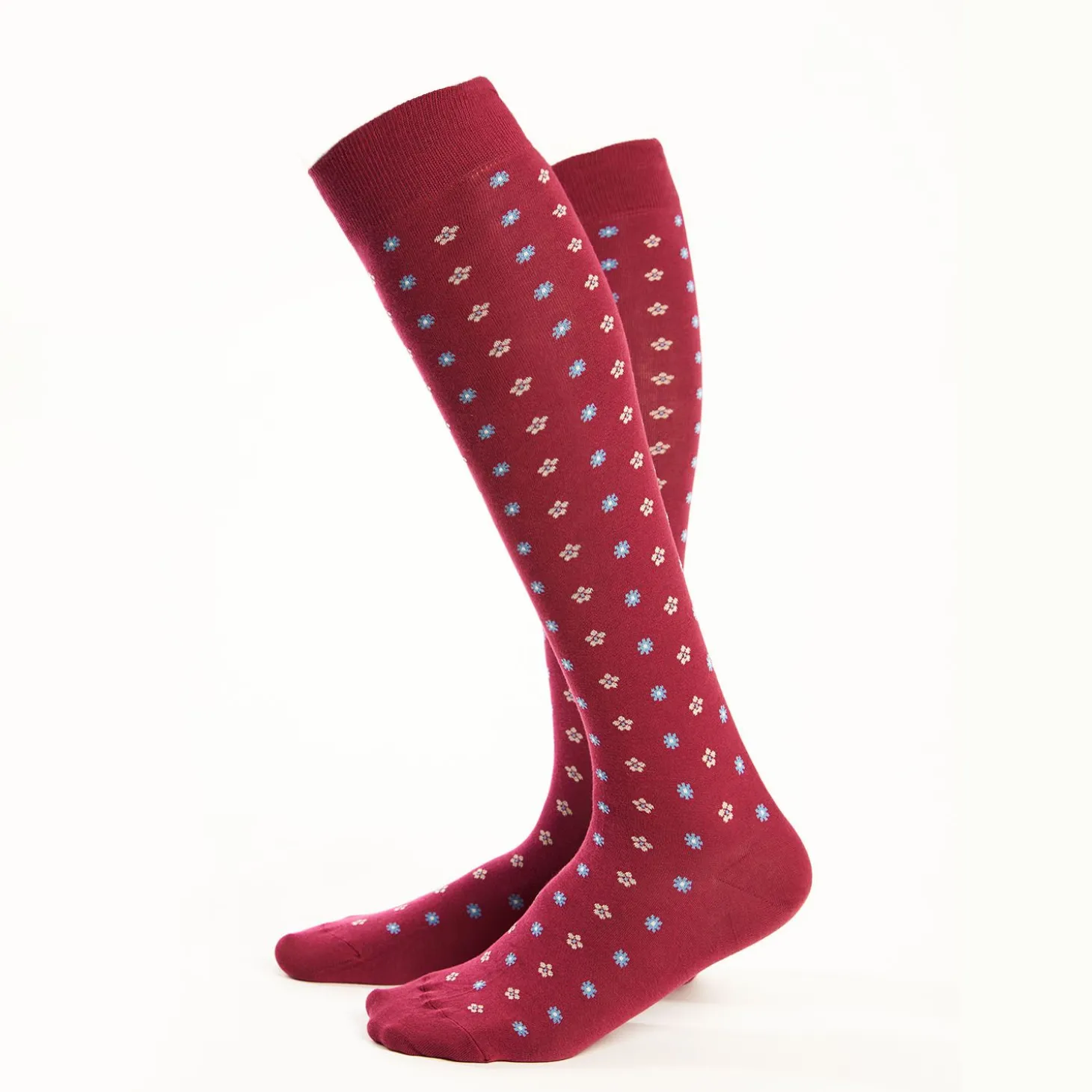 Long Burgundy Cotton Socks - Small Flower Pattern