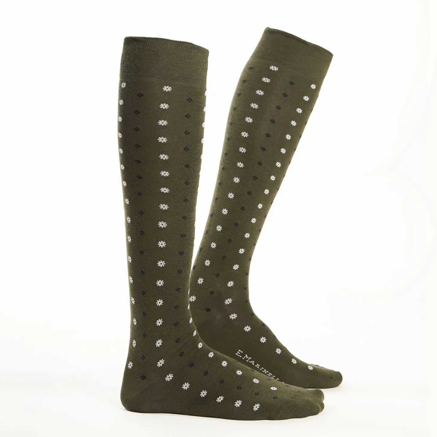 Long Dark Green Cotton Socks - Small Flower Pattern