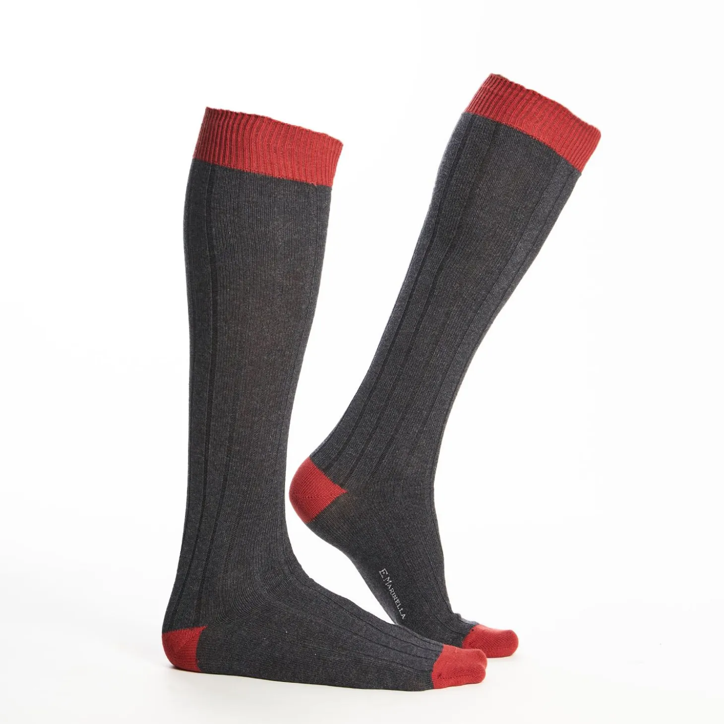 Long Grey And Red Bicolor Cotton Socks - Solid Color