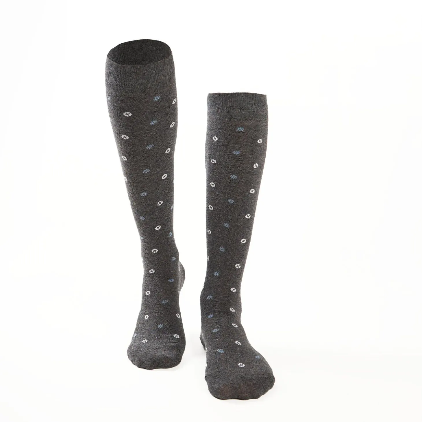 Long Grey Cotton Socks - Small Flower Pattern