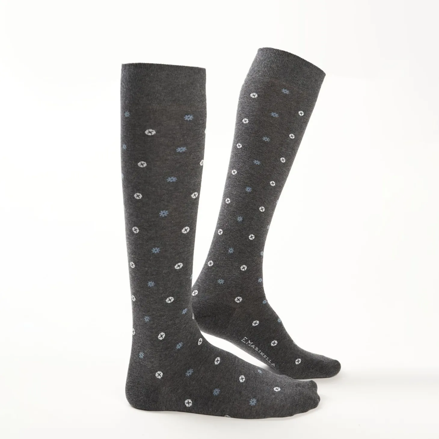 Long Grey Cotton Socks - Small Flower Pattern