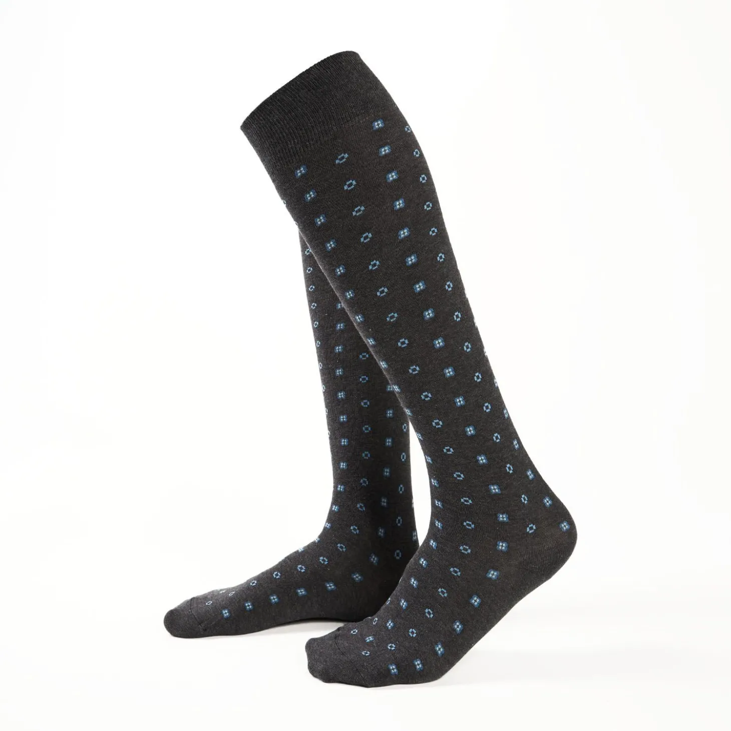 Long Grey Cotton Socks - Small Flower Pattern